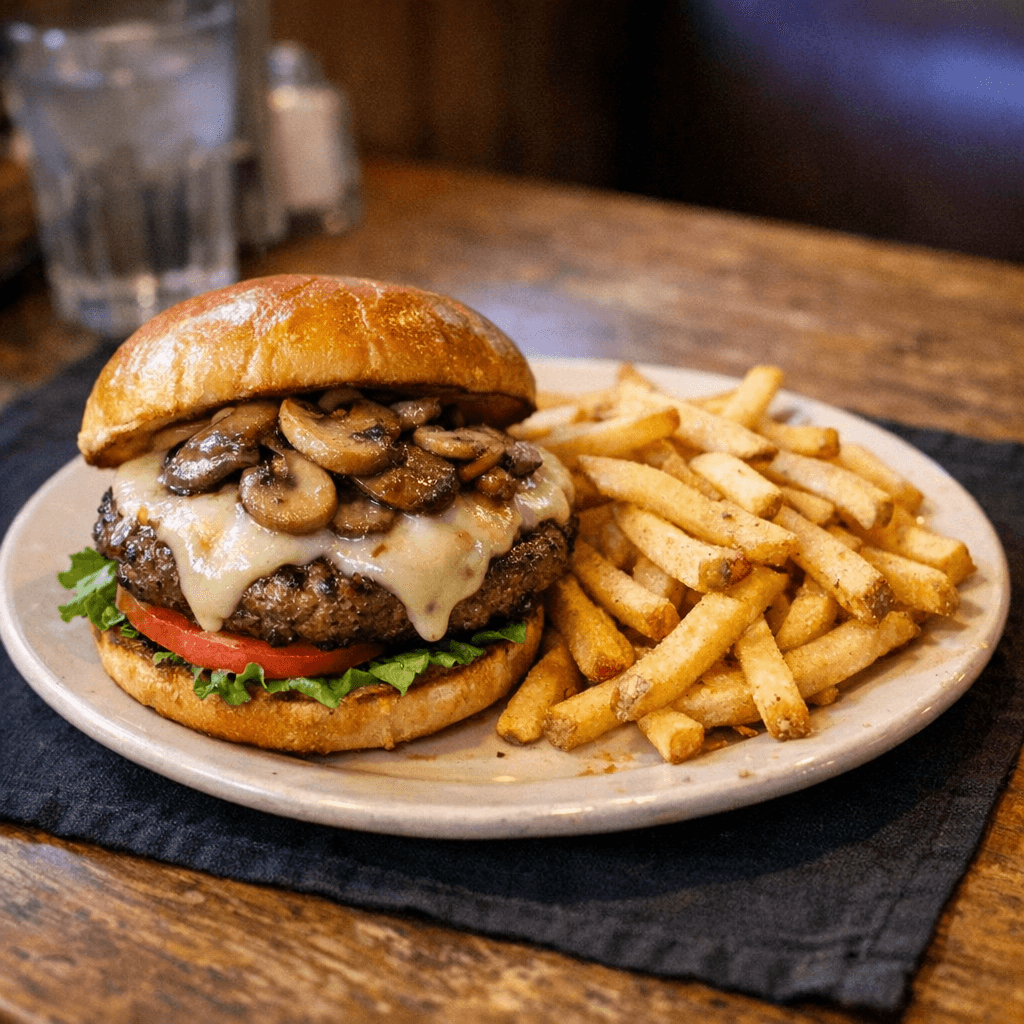 Mushroom Provolone Burger with Fries